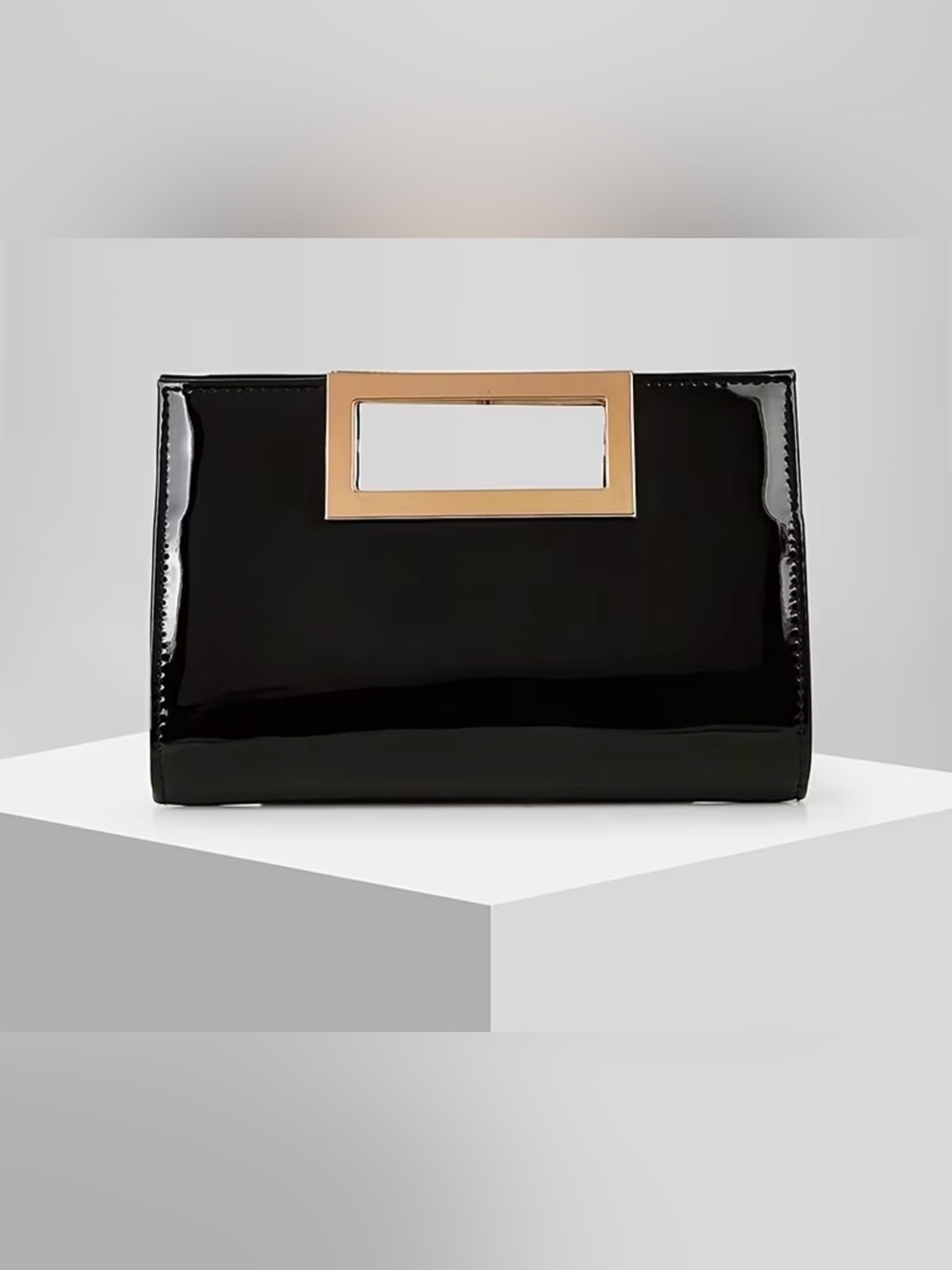Black Patent Leather Handheld Clutch with Gold Handle